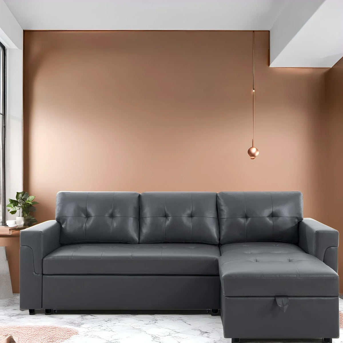 Canapé sectionnel réversible avec lit escamotable, méridienne de rangement dissimulée, pieds durables,