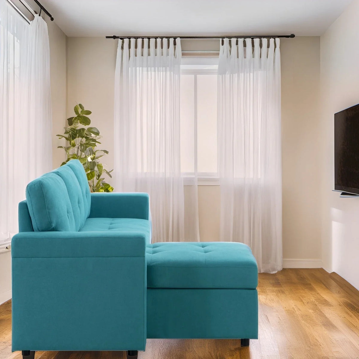 Canapé sectionnel convertible réversible avec lit escamotable, méridienne de rangement dissimulée et pieds durables