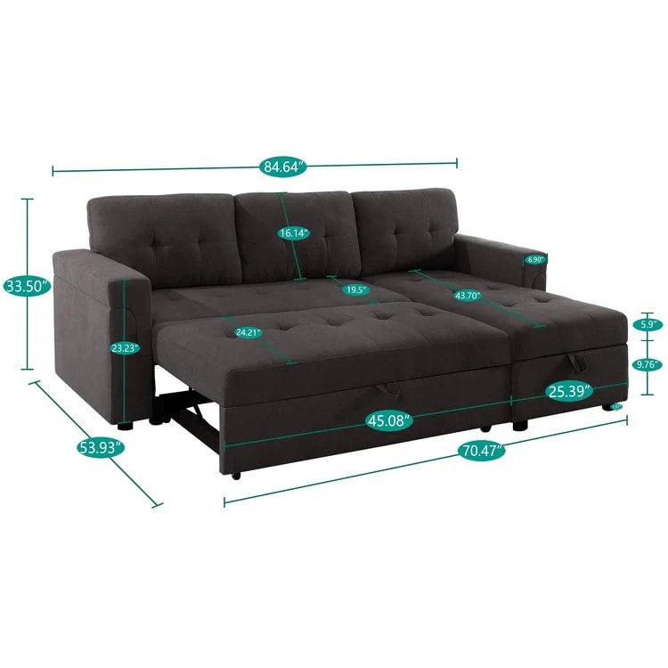 Canapé sectionnel convertible réversible avec lit escamotable, méridienne de rangement dissimulée et pieds durables