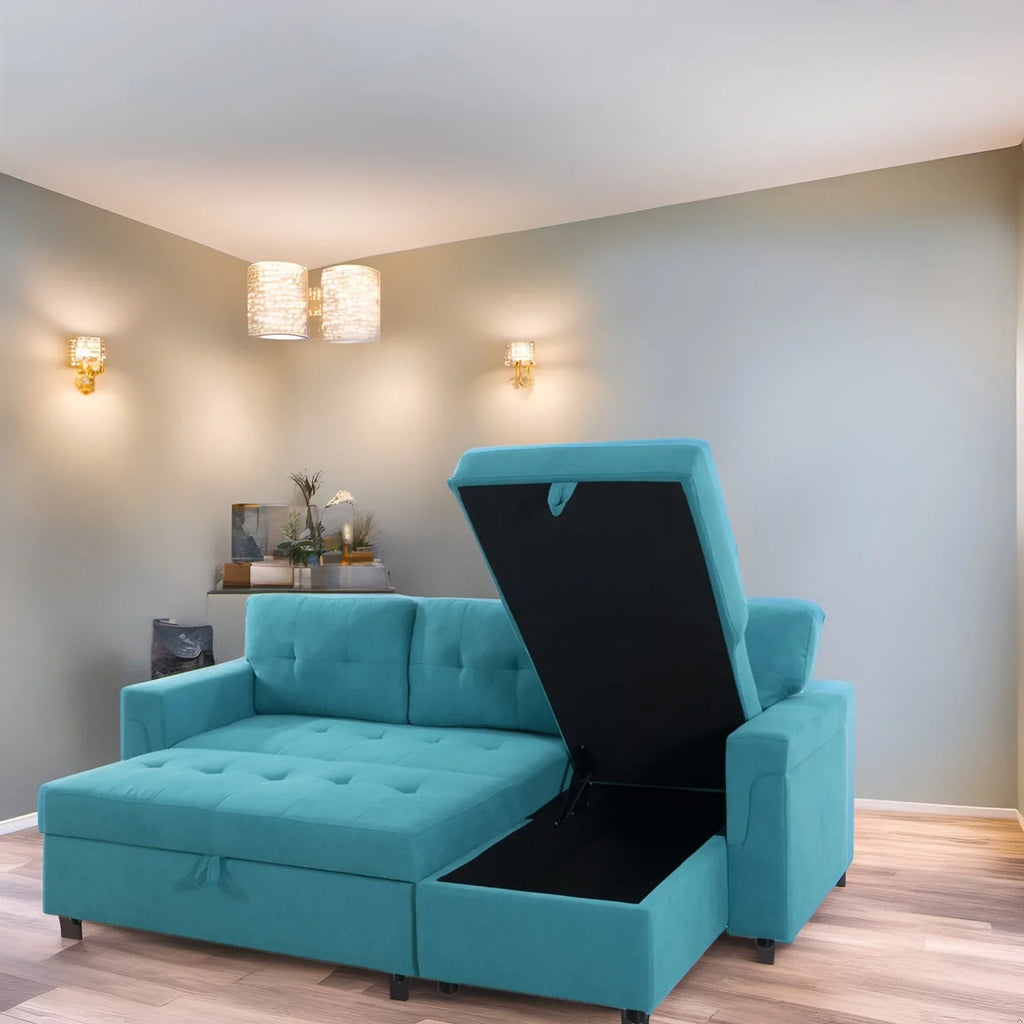 Canapé sectionnel convertible réversible avec lit escamotable, méridienne de rangement dissimulée et pieds durables