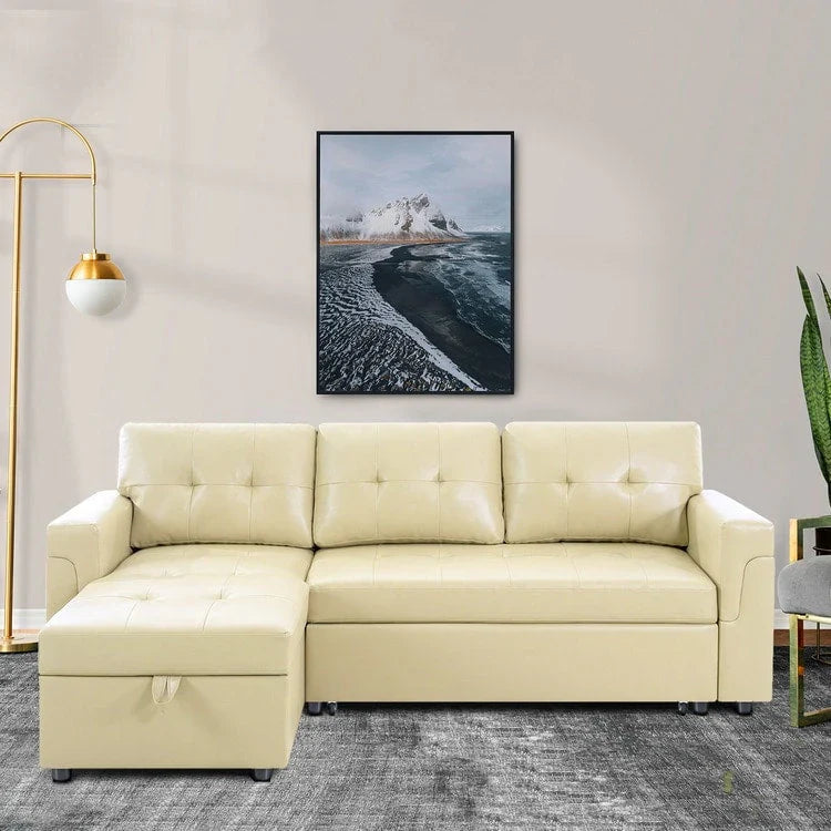 Canapé sectionnel convertible réversible avec lit escamotable, méridienne de rangement dissimulée et pieds durables