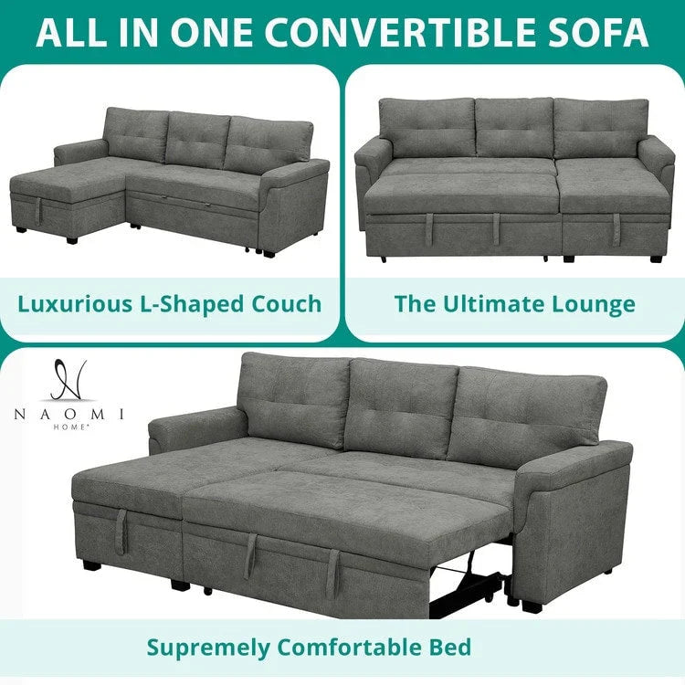 Canapé sectionnel réversible avec lit escamotable, méridienne de rangement dissimulée, pieds durables,