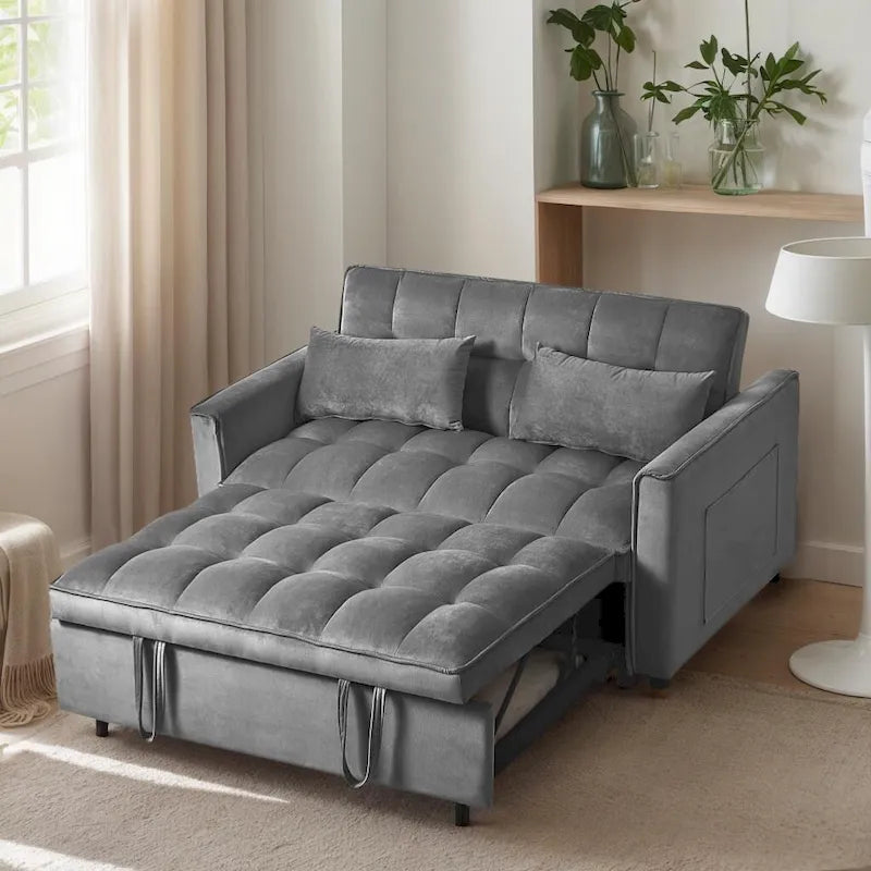 Causeuse de futon moderne en velours avec dossier inclinable et poches, 2 places – Gris foncé / Gris clair / Bleu / Noir