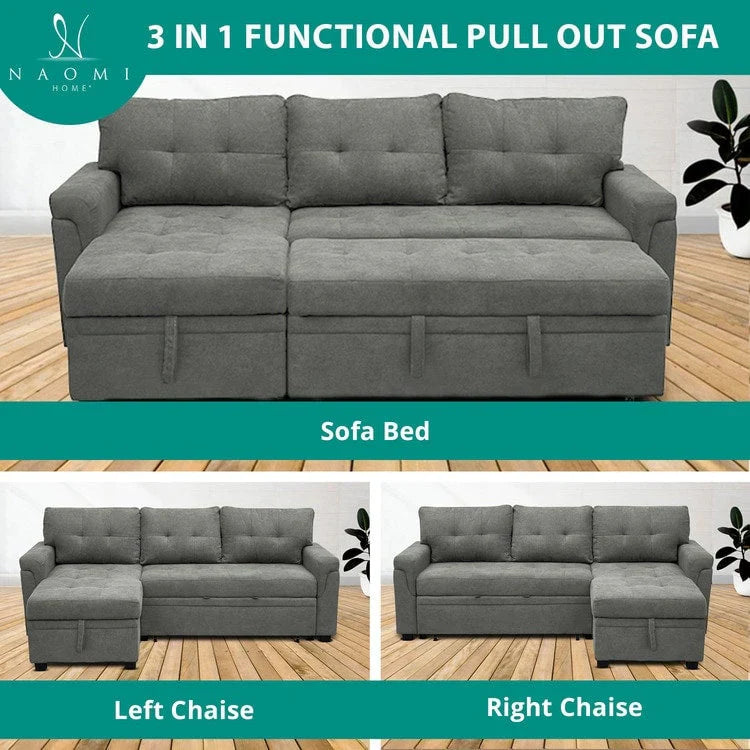 Canapé sectionnel réversible avec lit escamotable, méridienne de rangement dissimulée, pieds durables,