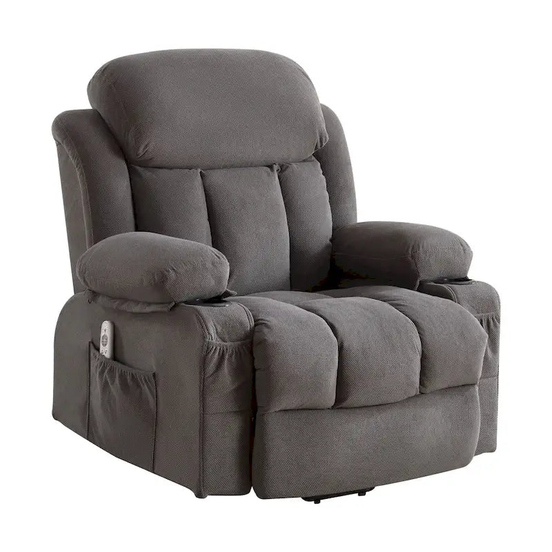 Fauteuil releveur électrique gris avec massage chauffant, charge USB, télécommande et poches latérales pratiques pour seniors