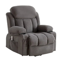 Fauteuil releveur électrique gris avec massage chauffant, charge USB, télécommande et poches latérales pratiques pour seniors