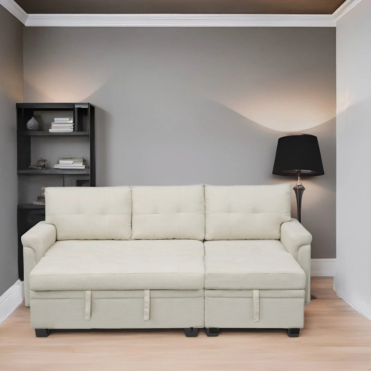 Canapé sectionnel réversible avec lit escamotable, méridienne de rangement dissimulée, pieds durables,