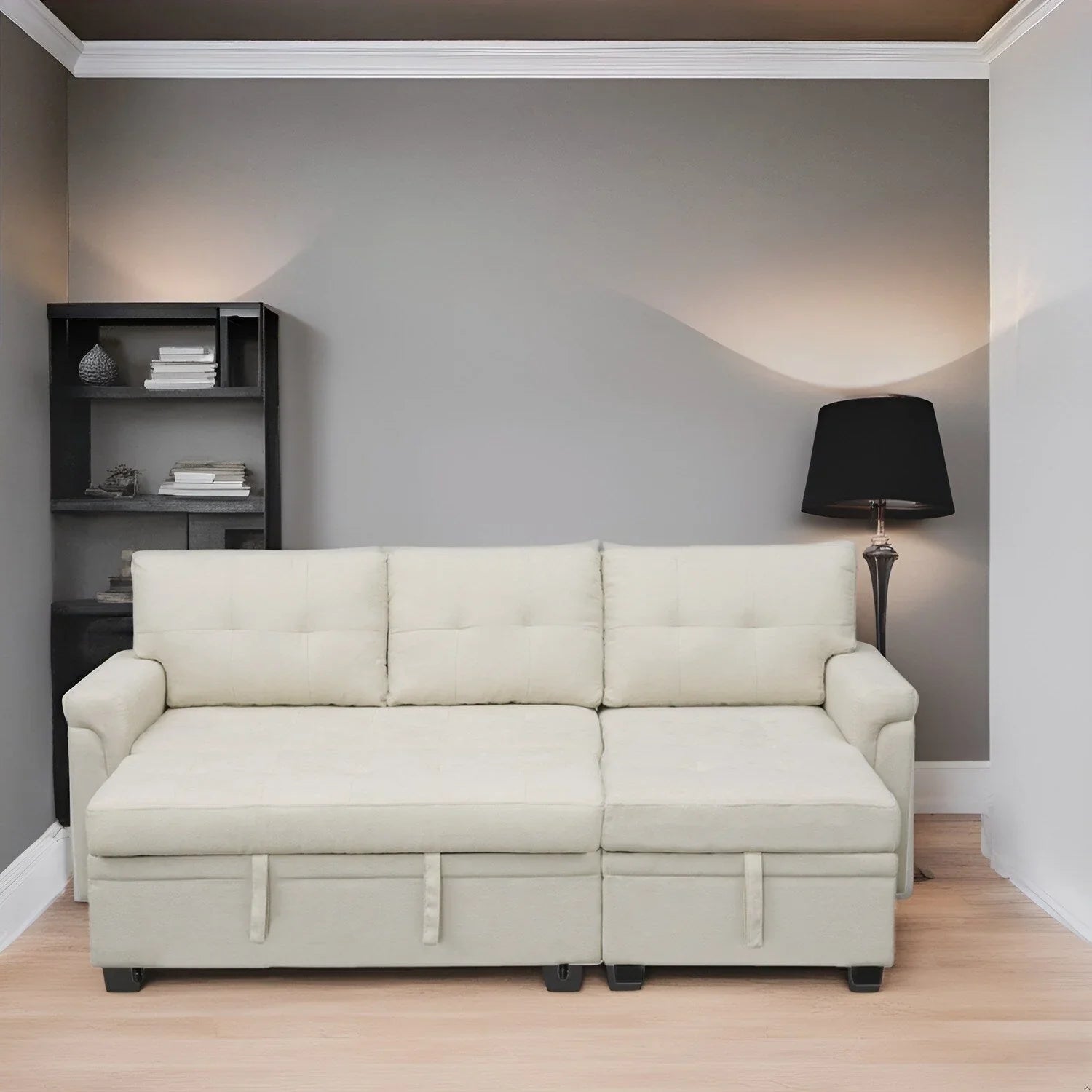 Canapé sectionnel réversible avec lit escamotable, méridienne de rangement dissimulée, pieds durables,