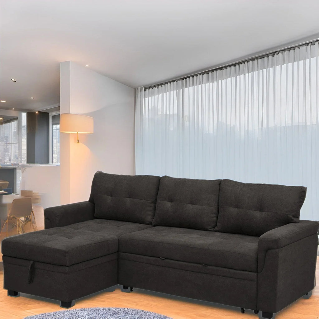Canapé sectionnel réversible avec lit escamotable, méridienne de rangement dissimulée, pieds durables,