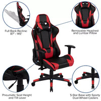 Chaise de jeu ergonomique Emma et Oliver Racing avec dossier entièrement inclinable en cuir synthétique rouge