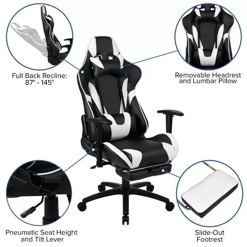 Chaise de jeu ergonomique Emma and Oliver Racing avec dossier inclinable et repose-pieds en similicuir rouge