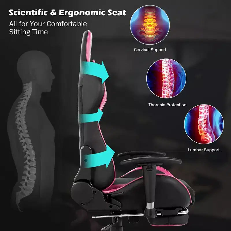 Chaise gaming de massage de bureau Costway inclinable pivotante de course avec repose-pieds