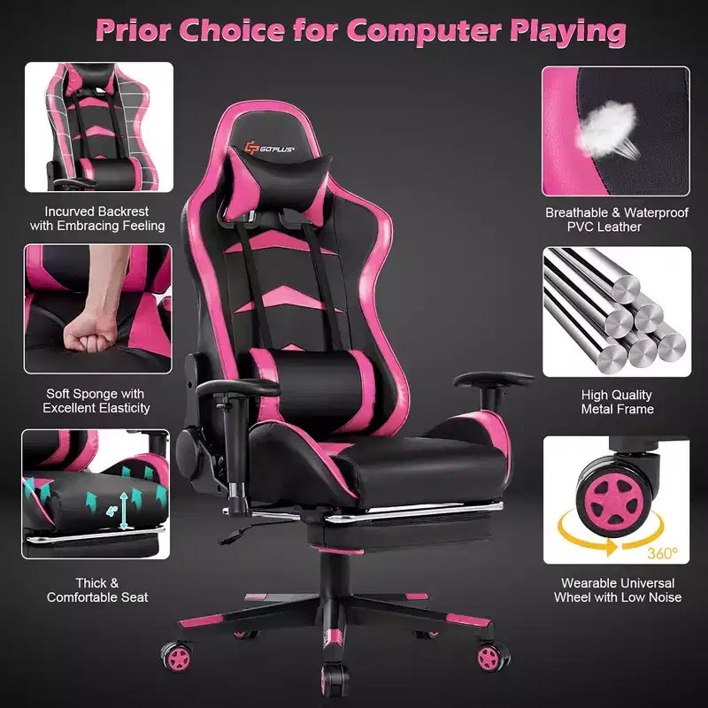 Chaise gaming de massage de bureau Costway inclinable pivotante de course avec repose-pieds