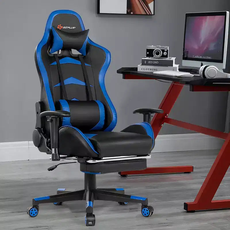 Chaise gaming de massage de bureau Costway inclinable pivotante de course avec repose-pieds