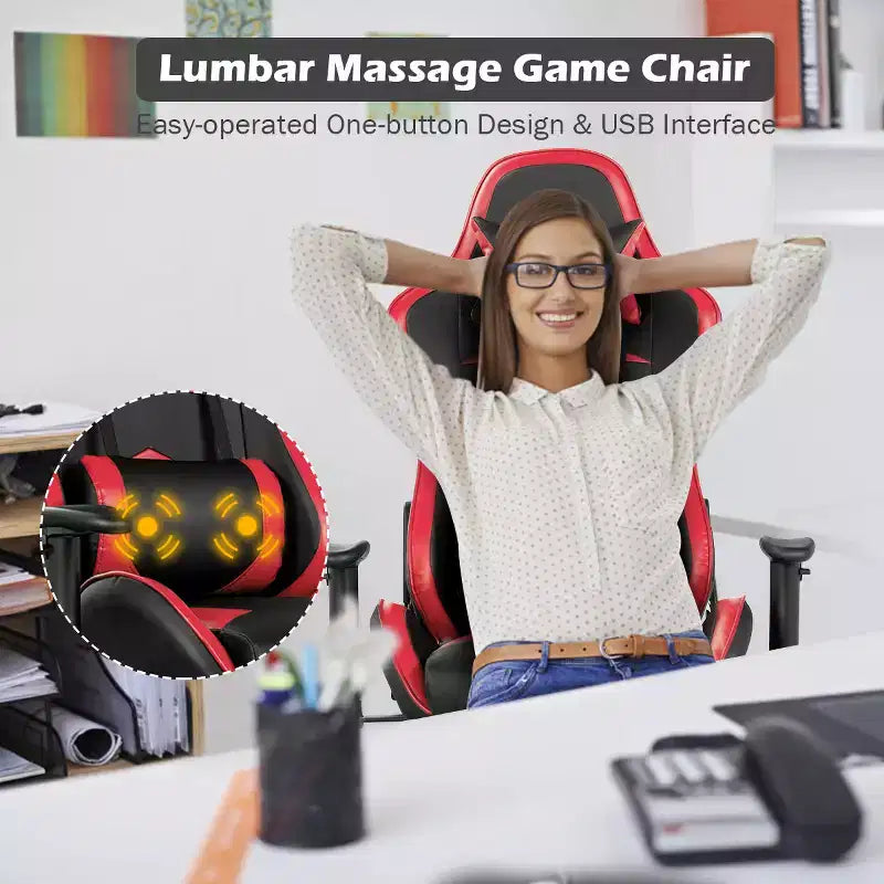 Chaise gaming de massage de bureau Costway inclinable pivotante de course avec repose-pieds
