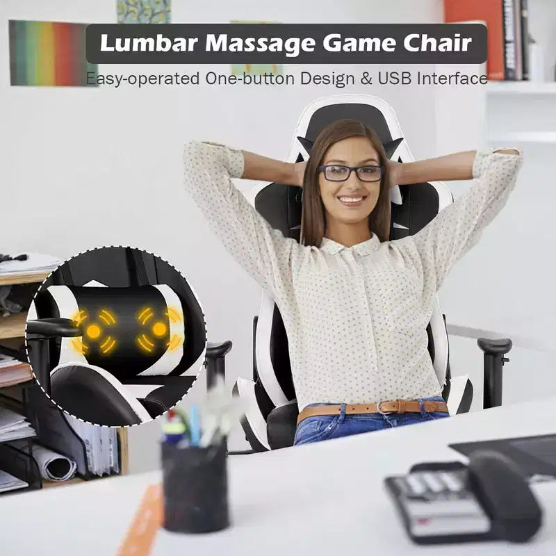 Chaise gaming de massage de bureau Costway inclinable pivotante de course avec repose-pieds