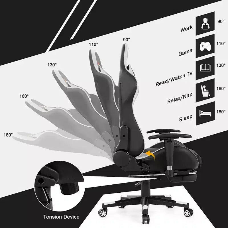 Chaise gaming de massage de bureau Costway inclinable pivotante de course avec repose-pieds