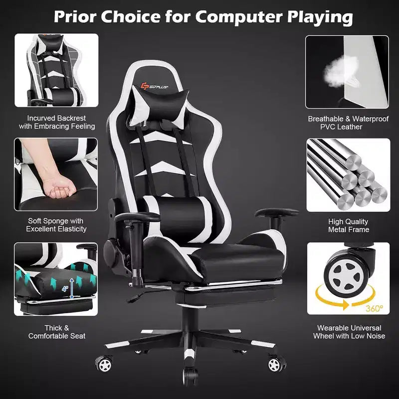Chaise gaming de massage de bureau Costway inclinable pivotante de course avec repose-pieds