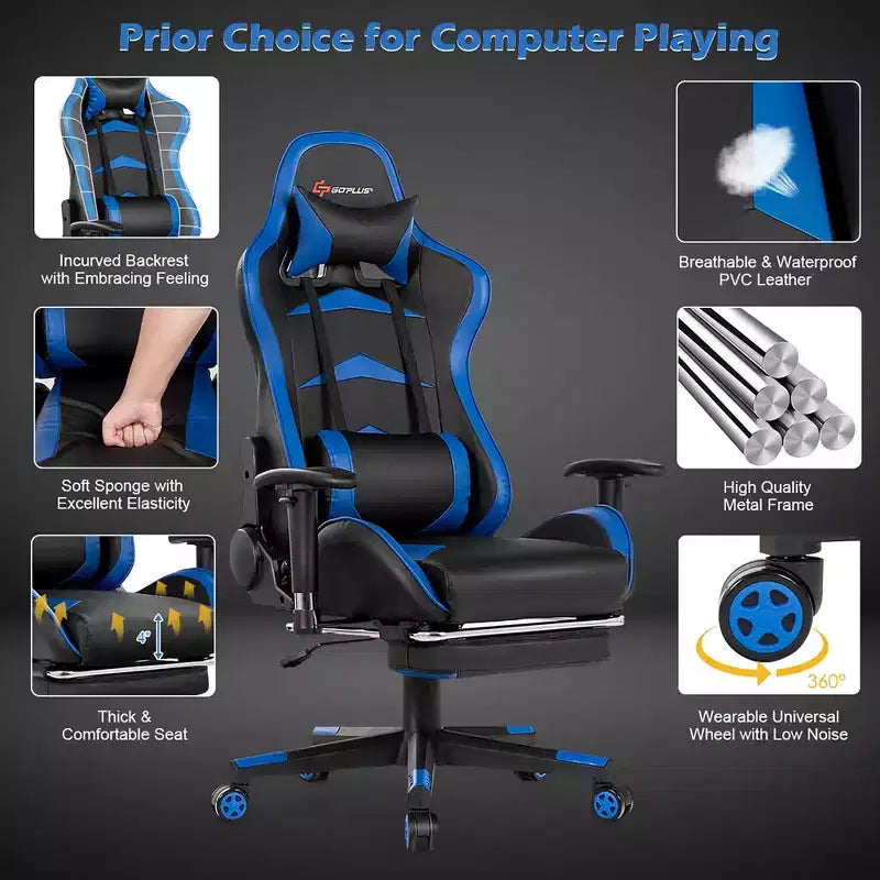 Chaise gaming de massage de bureau Costway inclinable pivotante de course avec repose-pieds