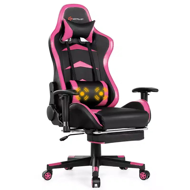 Chaise gaming de massage de bureau Costway inclinable pivotante de course avec repose-pieds