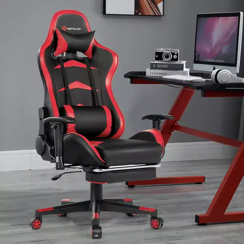 Chaise gaming de massage de bureau Costway inclinable pivotante de course avec repose-pieds