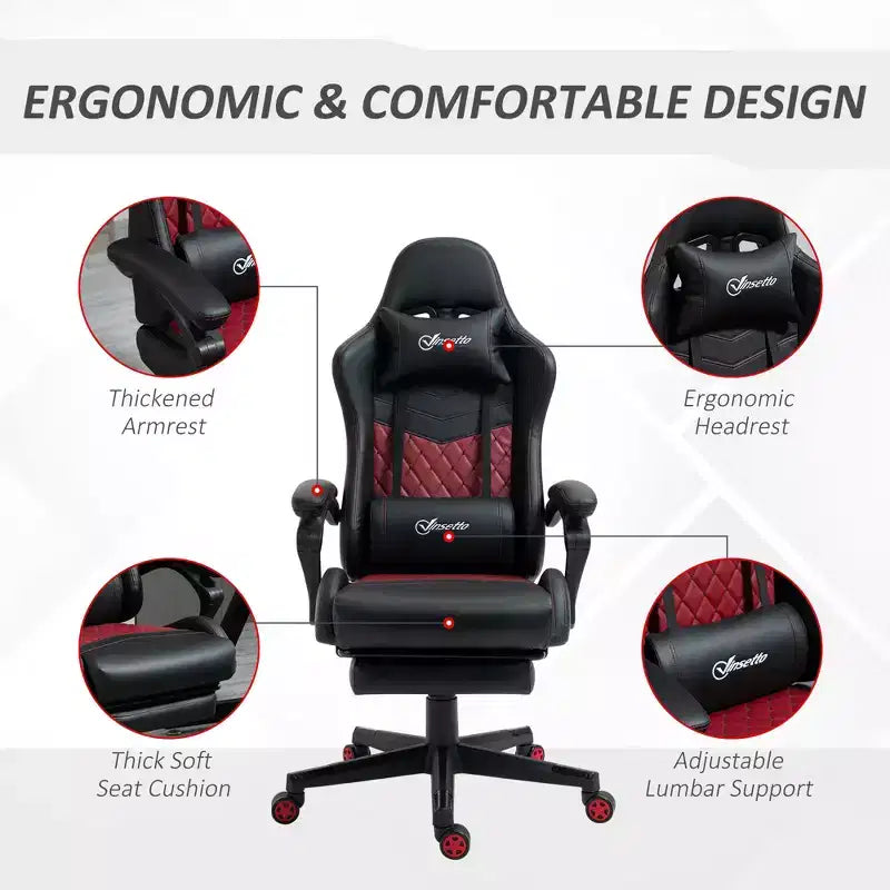 Chaise de Bureau Gamer Vinsetto Racing Gaming Chair en Cuir PU, avec Repose-Pieds, Support Lombaire et Hauteur Réglable