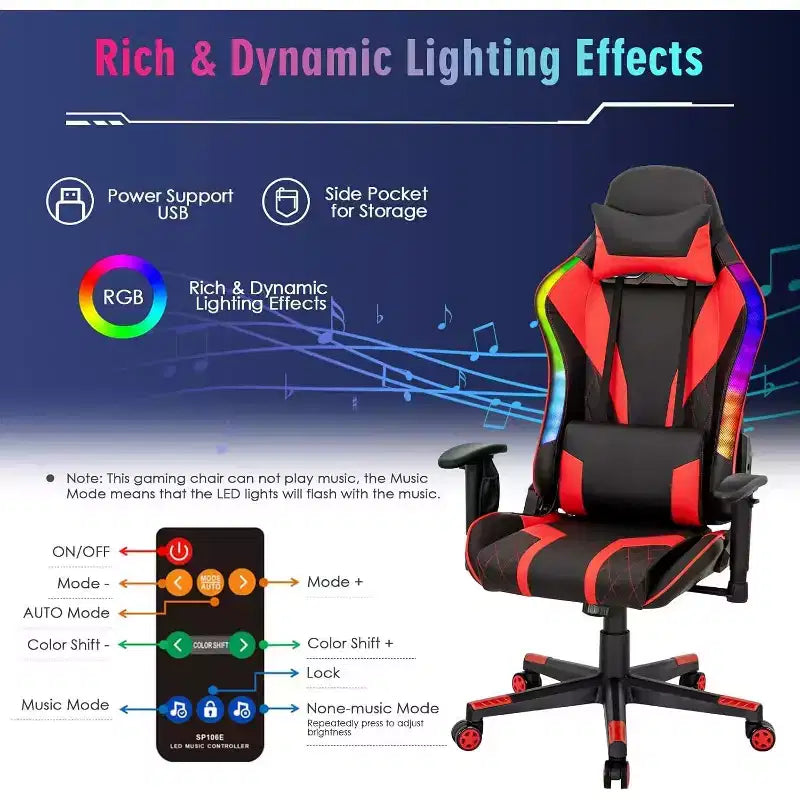 Chaise gaming Costway pivotante réglable pour ordinateur avec lumières LED dynamiques