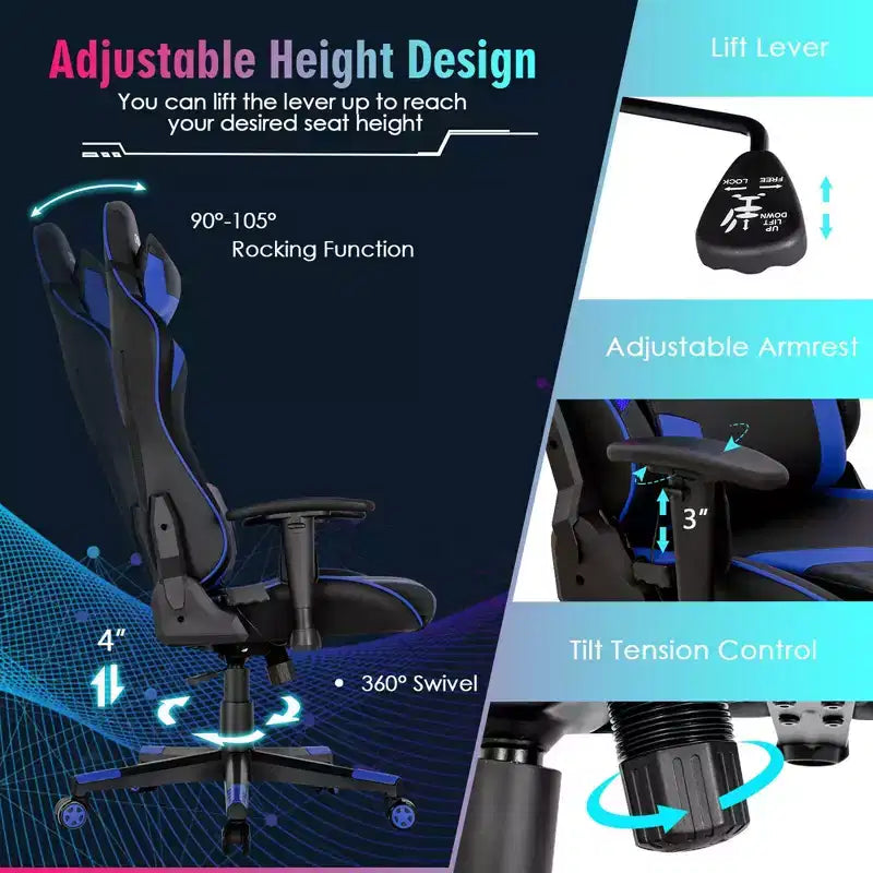 Chaise gaming Costway pivotante réglable pour ordinateur avec lumières LED dynamiques