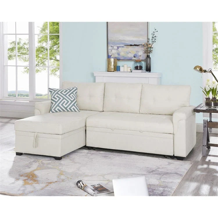 Canapé sectionnel convertible réversible avec lit escamotable, méridienne de rangement dissimulée et pieds durables