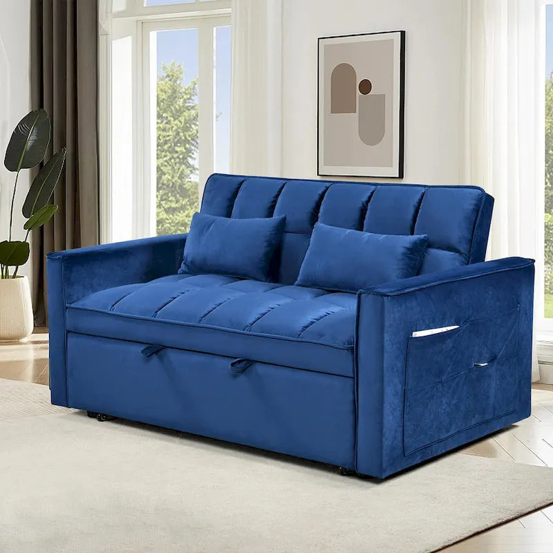 Causeuse de futon moderne en velours avec dossier inclinable et poches, 2 places – Gris foncé / Gris clair / Bleu / Noir