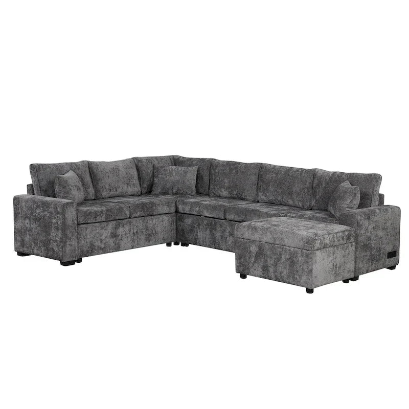 Canapé sectionnel en chenille avec canapé-lit escamotable, canapé-lit en forme de L avec ottoman de rangement, 3 coussins et prises de charge