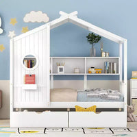 Lit cabane en bois double/complet avec 2 tiroirs, lit pour enfants avec étagère de rangement - ModernLuxe