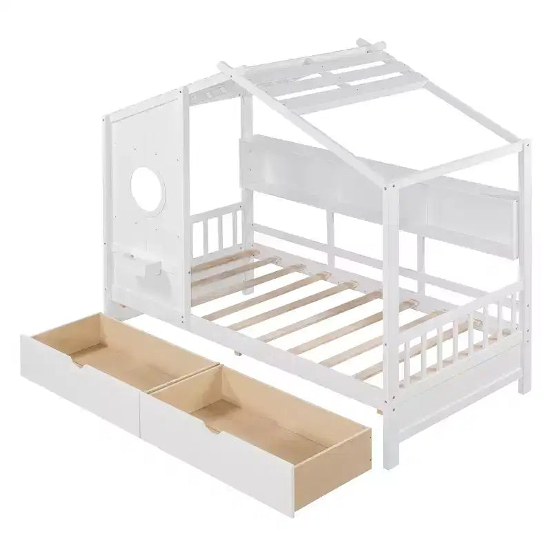 Lit maison en bois taille Twin / Full avec 2 tiroirs, lit enfant avec étagère de rangement - ModernLuxe