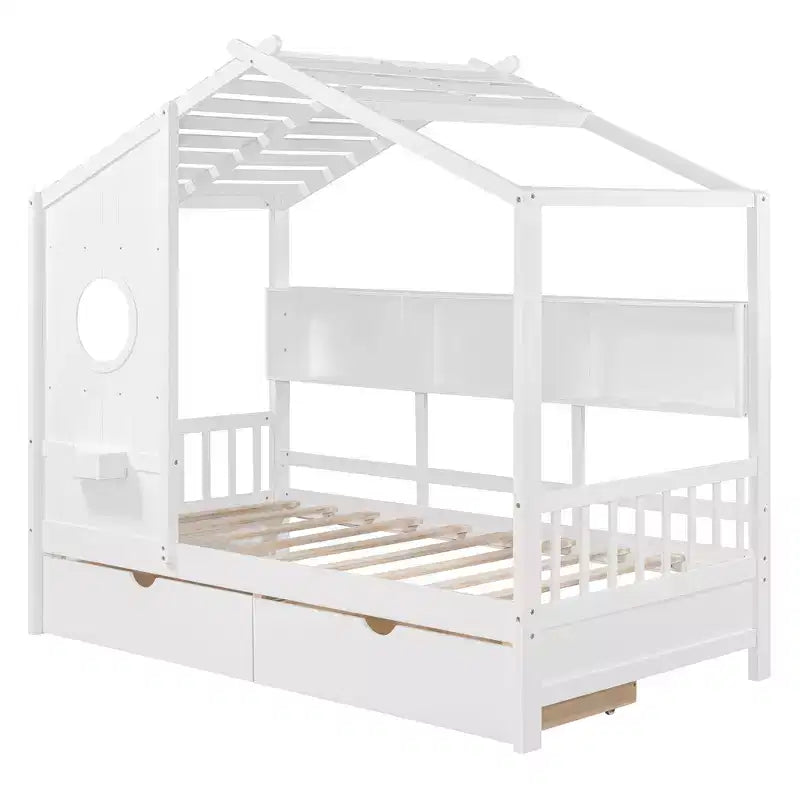 Lit maison en bois taille Twin / Full avec 2 tiroirs, lit enfant avec étagère de rangement - ModernLuxe
