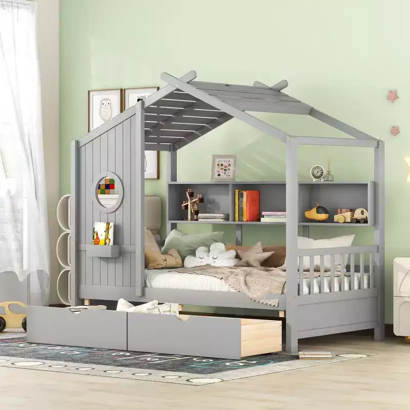 Lit maison en bois taille Twin / Full avec 2 tiroirs, lit enfant avec étagère de rangement - ModernLuxe