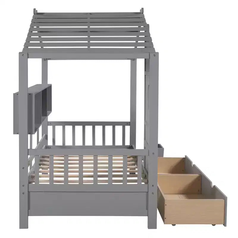 Lit maison en bois taille Twin / Full avec 2 tiroirs, lit enfant avec étagère de rangement - ModernLuxe
