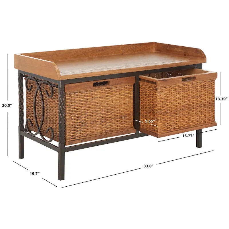 Banc de rangement SAFAVIEH Vasilija en étain antique/frêne clair – 33 x 15.7 x 20 – 33Lx16Px20H