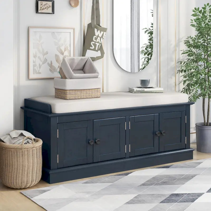 Banc de rangement 4 portes avec étagères réglables et coussin amovible (Bleu marine antique)