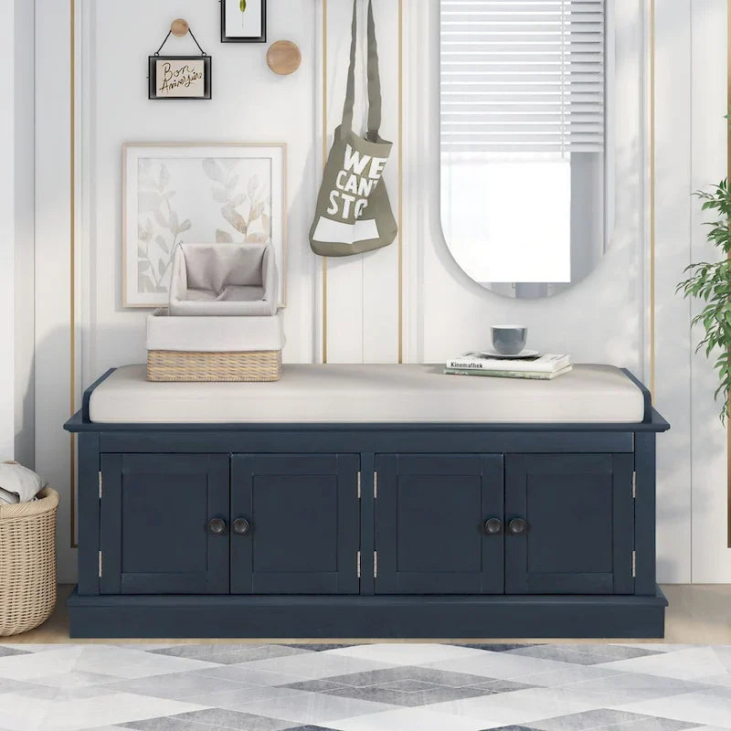 Banc de rangement 4 portes avec étagères réglables et coussin amovible (Bleu marine antique)