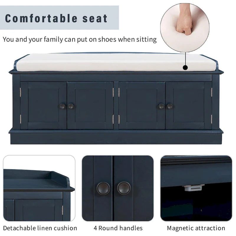 Banc de rangement 4 portes avec étagères réglables et coussin amovible (Bleu marine antique)