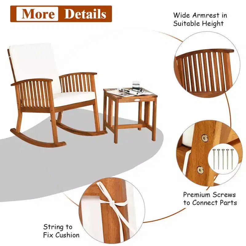 Costway Ensemble bistro à bascule 3 pièces en bois d'acacia avec table basse et coussins pour pelouse