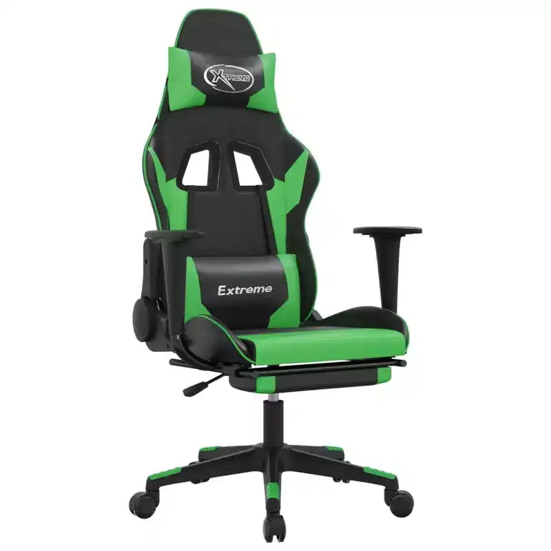 vidaXL Fauteuil de jeu de massage avec repose-pieds, noir et vert, similicuir