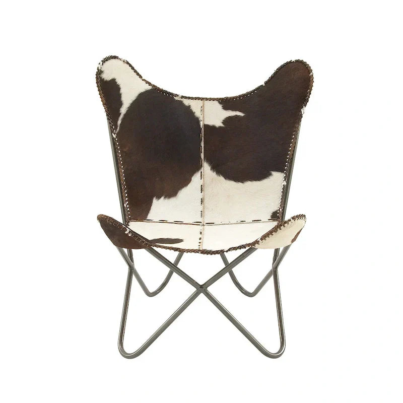 Fauteuil Papillon Fait Main en Cuir Blanc, Gris, Marron, Marron Clair ou Marron Beige avec Support Noir