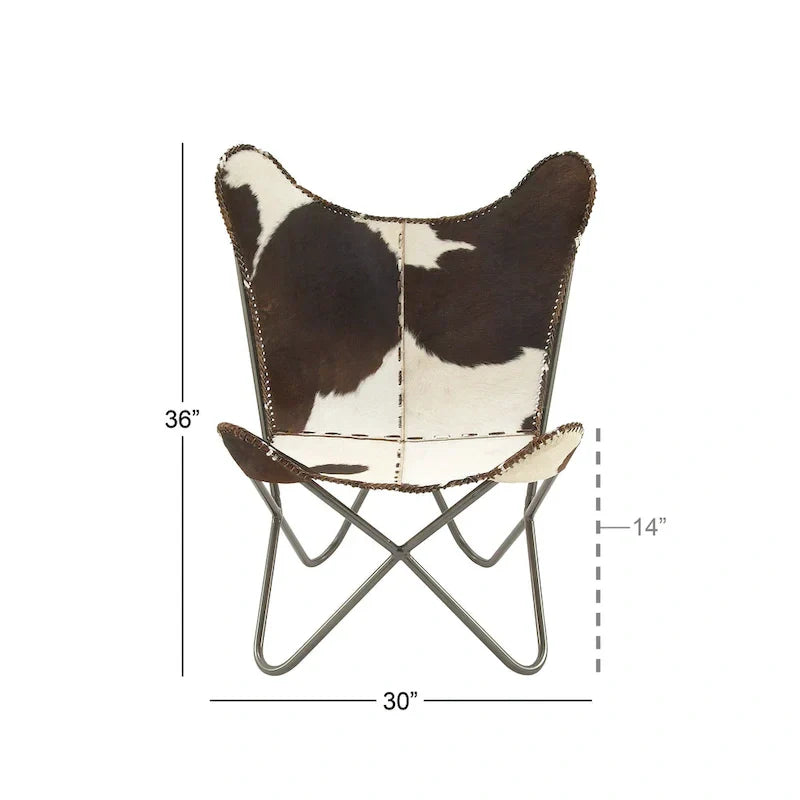 Fauteuil Papillon Fait Main en Cuir Blanc, Gris, Marron, Marron Clair ou Marron Beige avec Support Noir
