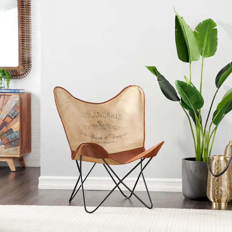 Fauteuil Papillon Fait Main en Cuir Blanc, Gris, Marron, Marron Clair ou Marron Beige avec Support Noir
