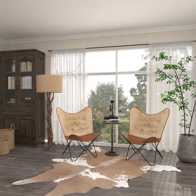 Fauteuil Papillon Fait Main en Cuir Blanc, Gris, Marron, Marron Clair ou Marron Beige avec Support Noir