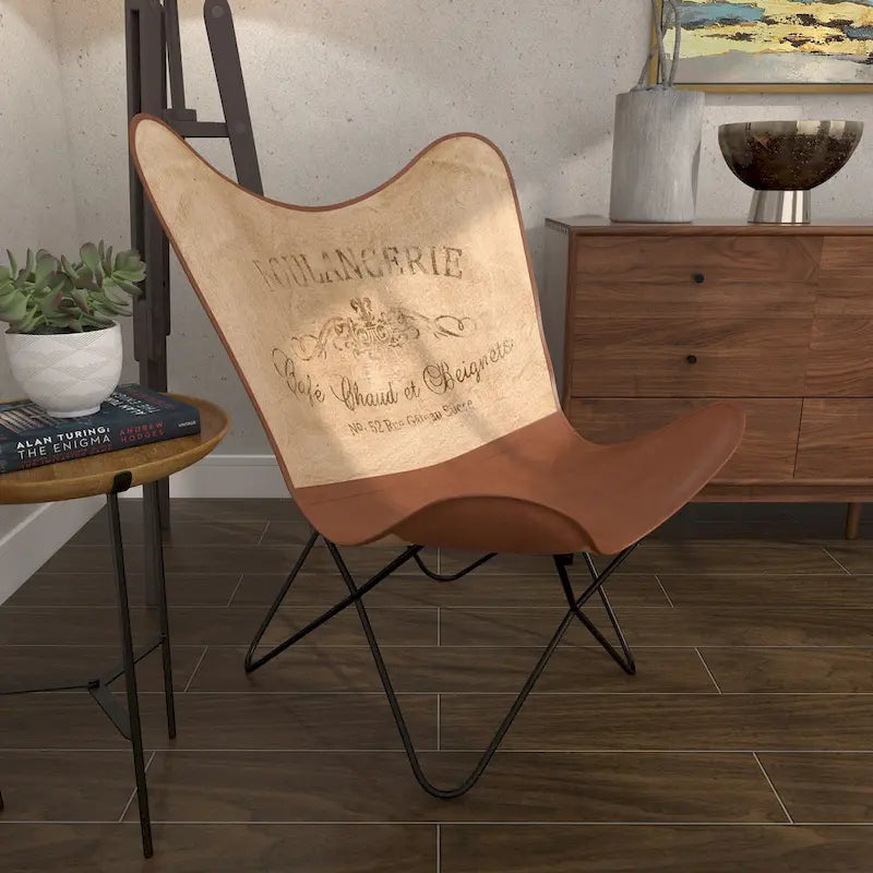 Fauteuil Papillon Fait Main en Cuir Blanc, Gris, Marron, Marron Clair ou Marron Beige avec Support Noir