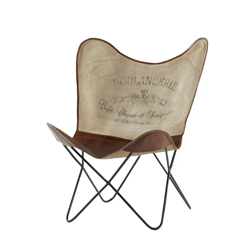 Fauteuil Papillon Fait Main en Cuir Blanc, Gris, Marron, Marron Clair ou Marron Beige avec Support Noir