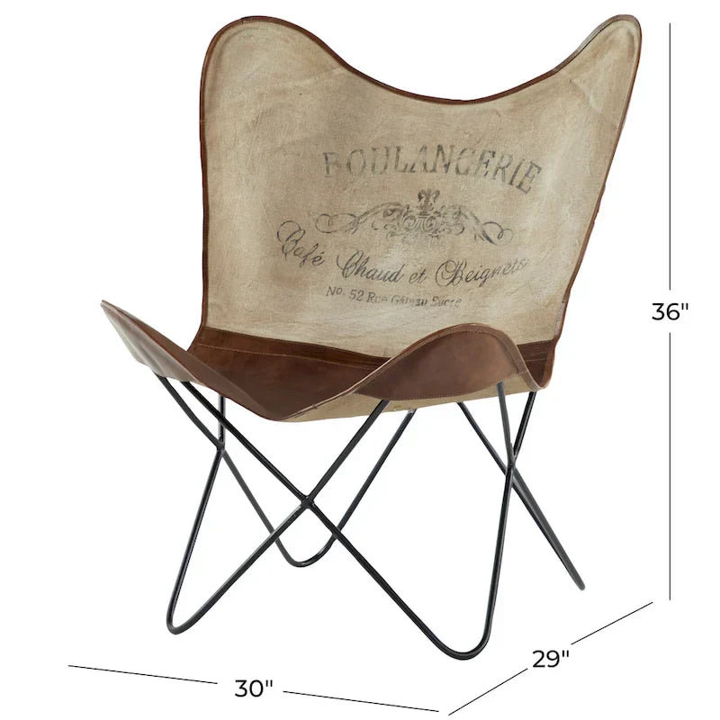 Fauteuil Papillon Fait Main en Cuir Blanc, Gris, Marron, Marron Clair ou Marron Beige avec Support Noir