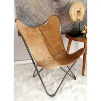 Fauteuil Papillon Fait Main en Cuir Blanc, Gris, Marron, Marron Clair ou Marron Beige avec Support Noir